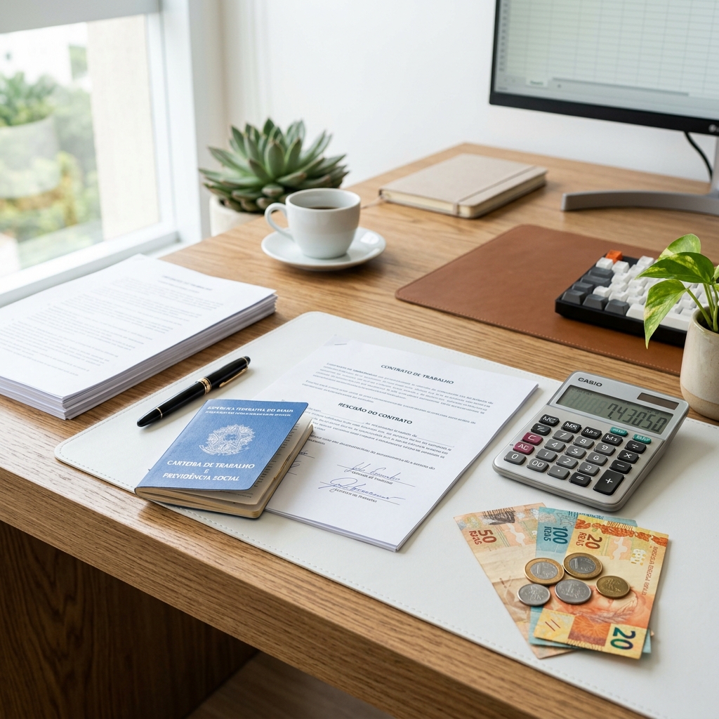 Mesa de escritório com carteira de trabalho, calculadora e notas de dinheiro